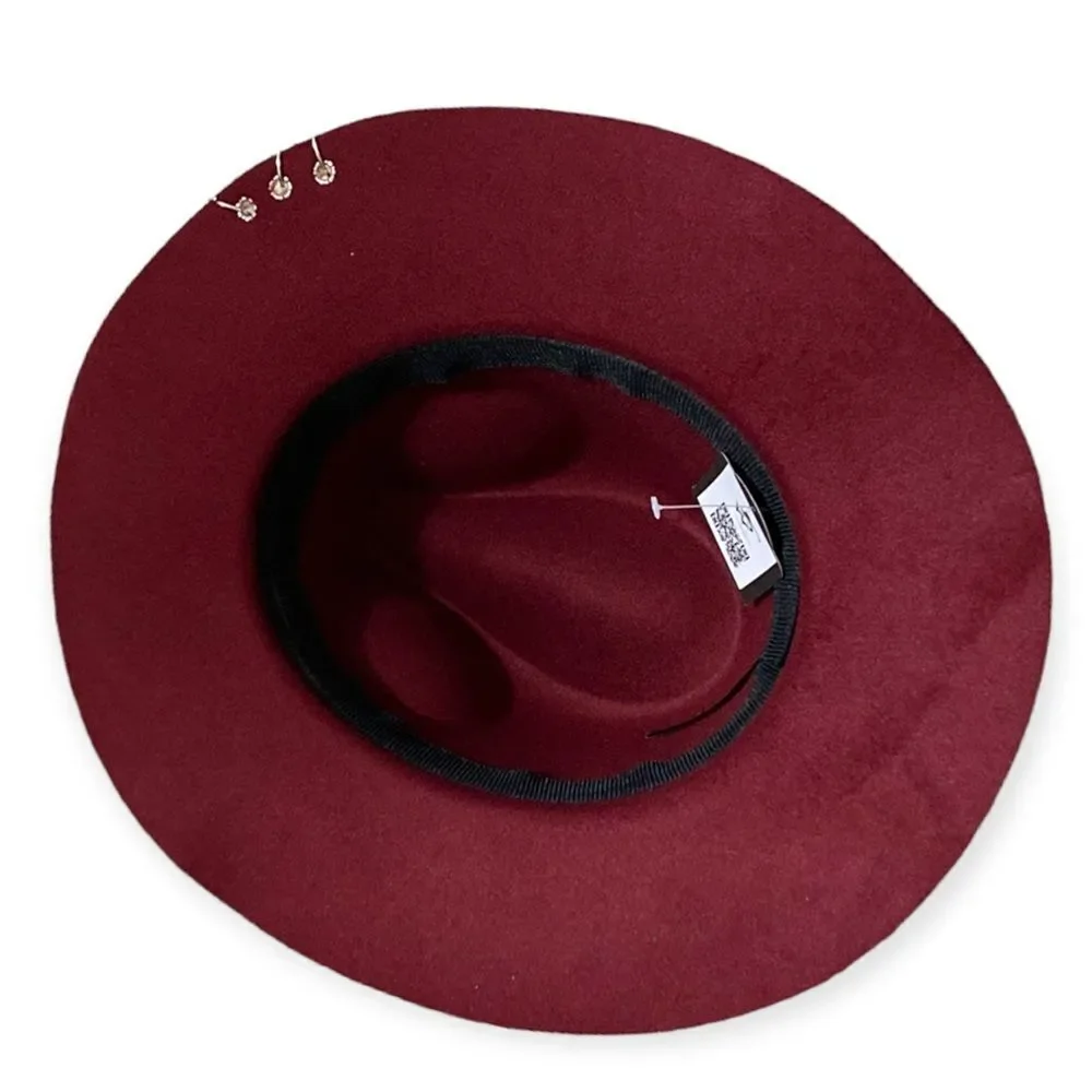 Burgundy Fedora Graffiti Wide Brim Silver O-Rings Fedora Hat NEW